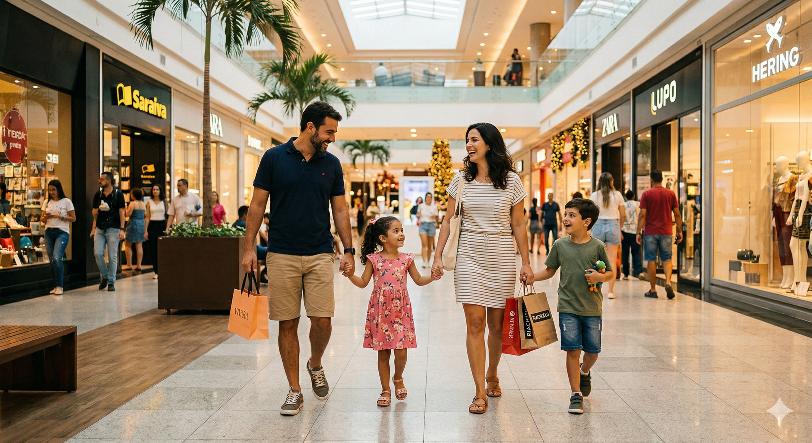 Uma fotografia vibrante e iluminada de uma família jovem (pai, mãe e dois filhos pequenos) caminhando alegremente pelo corredor de um shopping moderno.   O pai, à esquerda, veste uma camiseta polo azul e bermuda bege, carregando uma sacola de compras. A mãe, ao centro-direita, usa um vestido listrado leve e também segura sacolas. Entre eles, uma menina com um vestido floral rosa e, à direita, um menino com camiseta verde e bermuda jeans caminham de mãos dadas com os pais.   Todos estão sorridentes e olham uns para os outros, transmitindo uma sensação de felicidade e união. Ao fundo, o shopping é amplo, com teto de vidro que permite a entrada de luz natural, palmeiras decorativas e vitrines de lojas conhecidas com letreiros iluminados. O ambiente é limpo, luxuoso e movimentado.