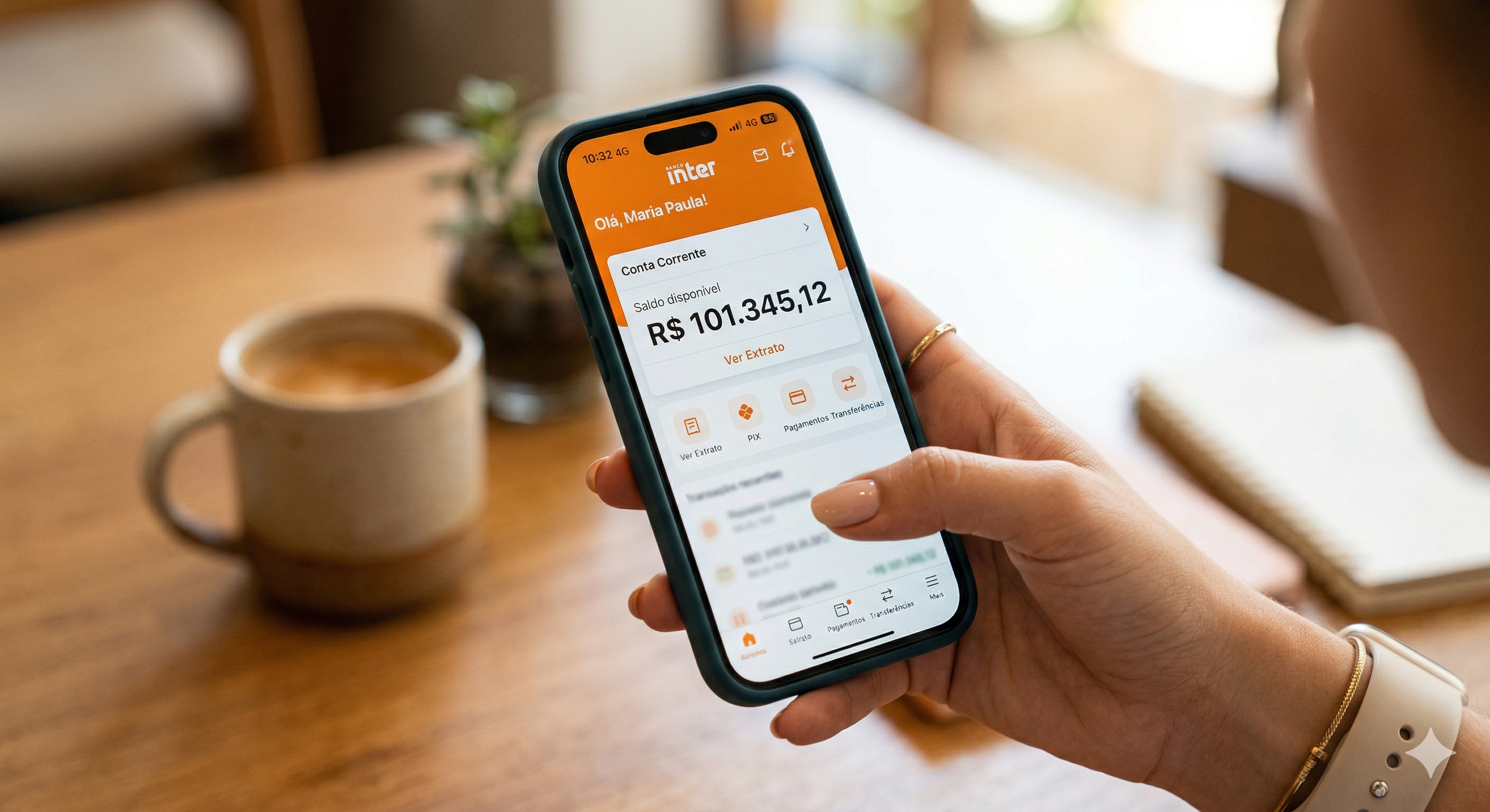 O Gemini disse Uma imagem em close-up mostra a mão de uma jovem segurando um smartphone moderno sobre uma mesa de madeira. Na tela do celular, um aplicativo de banco exibe o saldo disponível de R$ 101.345,12.  A interface do aplicativo é limpa, com tons de branco e laranja, destacando claramente o valor em negrito. Ao fundo, de forma desfocada, é possível ver uma xícara de café e um caderno, sugerindo um ambiente casual de café ou escritório doméstico. A iluminação é natural e suave, focando a atenção no dispositivo e na quantia exibida.