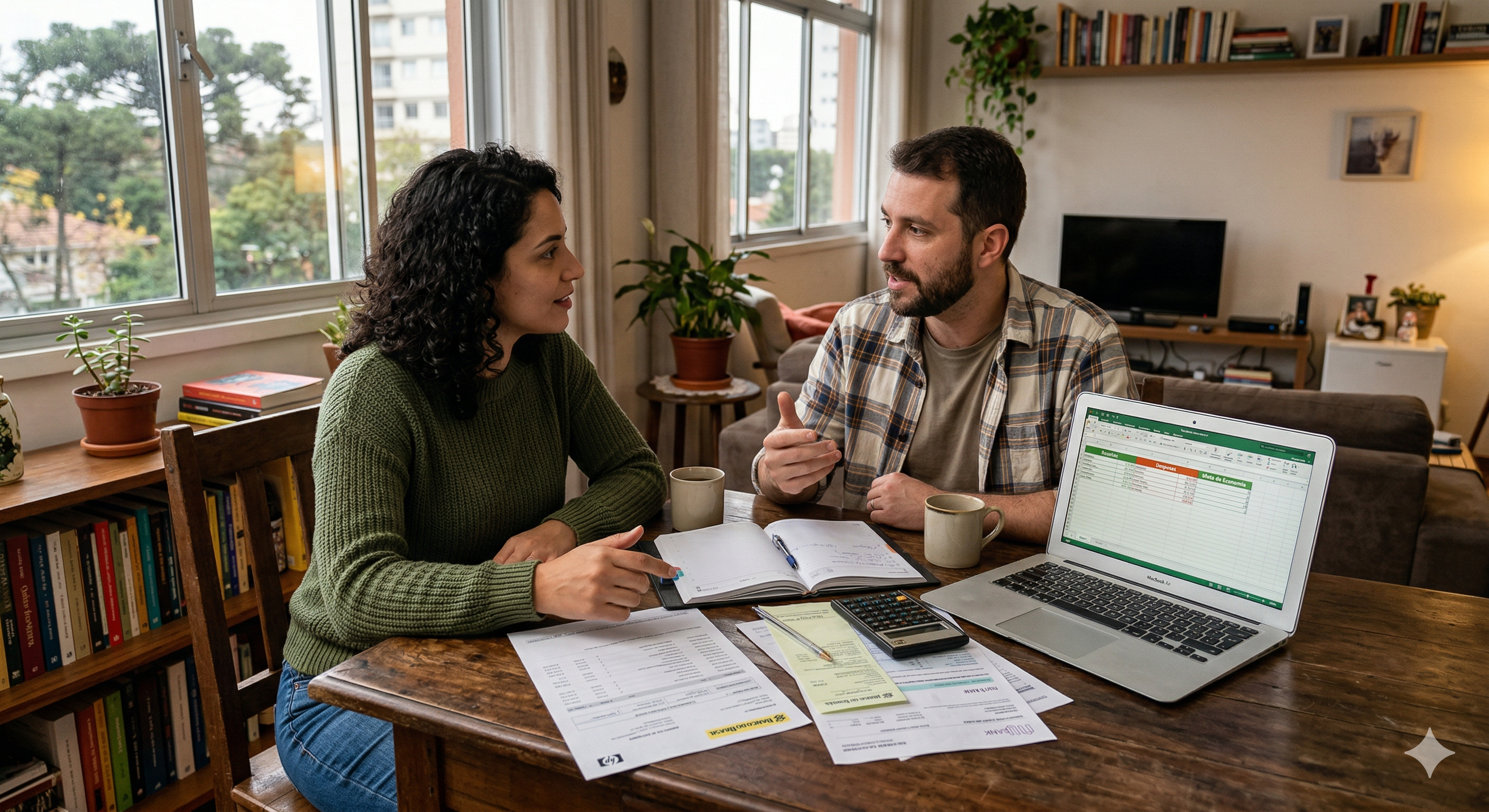 Uma fotografia realista de um casal de 30 e poucos anos sentado à mesa de jantar em um apartamento aconchegante, conversando seriamente sobre suas finanças.  A mulher, com cabelos cacheados e suéter verde, aponta para alguns documentos sobre a mesa. O homem, vestindo uma camisa xadrez, gesticula enquanto olha para ela. À frente deles, há um laptop aberto exibindo uma planilha de gastos, um caderno de anotações, uma calculadora e algumas faturas. O ambiente é iluminado pela luz natural que vem de uma janela ao fundo, com estantes de livros e plantas, criando uma atmosfera de planejamento doméstico realista e focado.