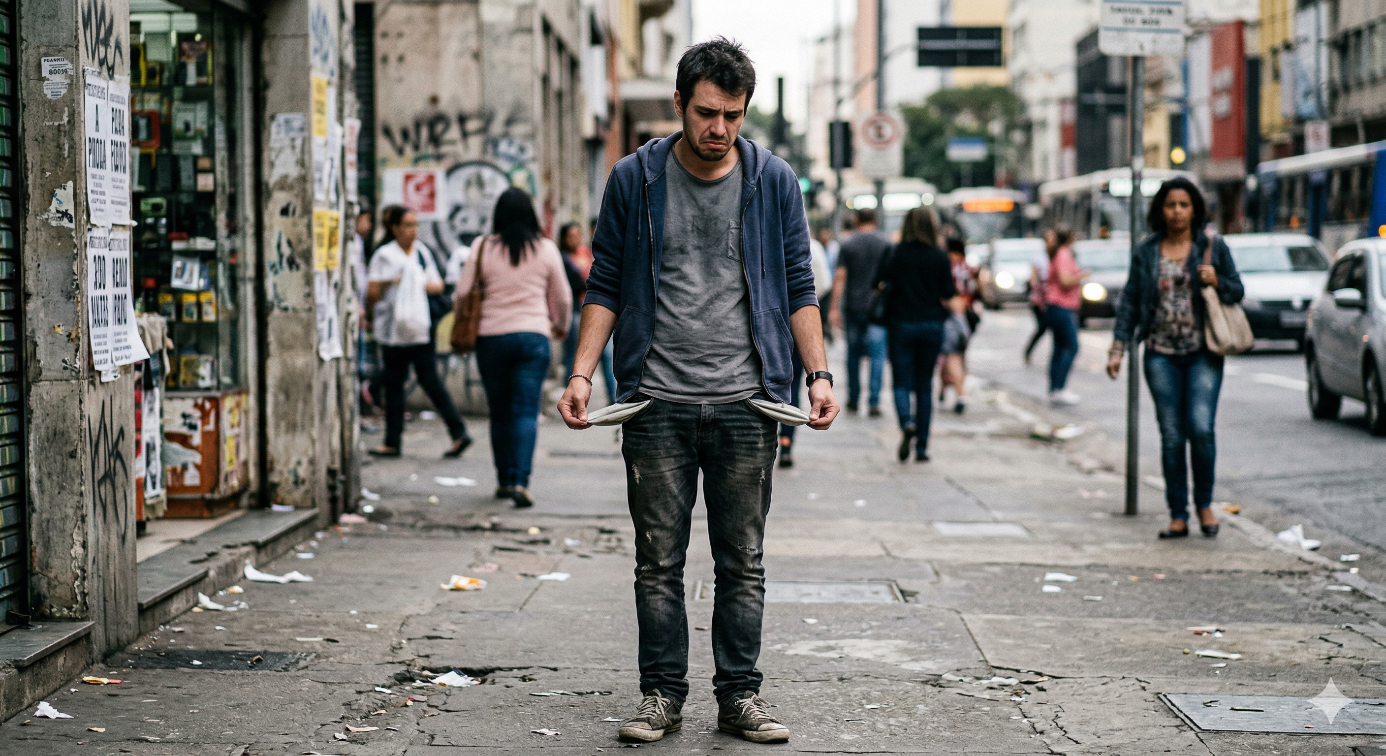 Uma fotografia realista de um jovem de aproximadamente 25 anos, em pé no meio de uma calçada urbana movimentada. Ele veste um moletom azul desgastado e jeans sujos, com os bolsos da calça puxados para fora, revelando que estão completamente vazios. Sua expressão é de profunda frustração e desamparo, com o olhar baixo e ombros caídos. Ao fundo, o movimento desfocado da cidade e das pessoas ressalta sua sensação de isolamento e estagnação financeira.