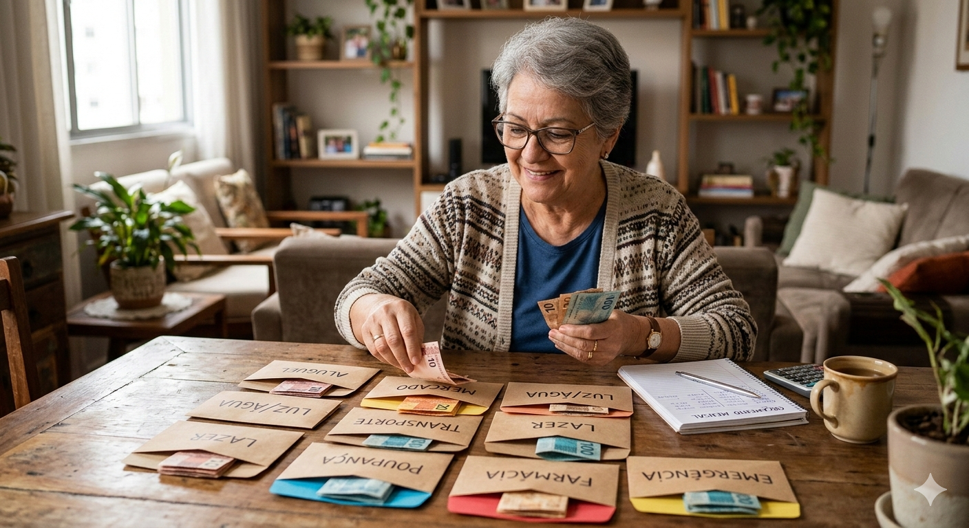 Senhora separando dinheiro em diferentes envelopes coloridos
