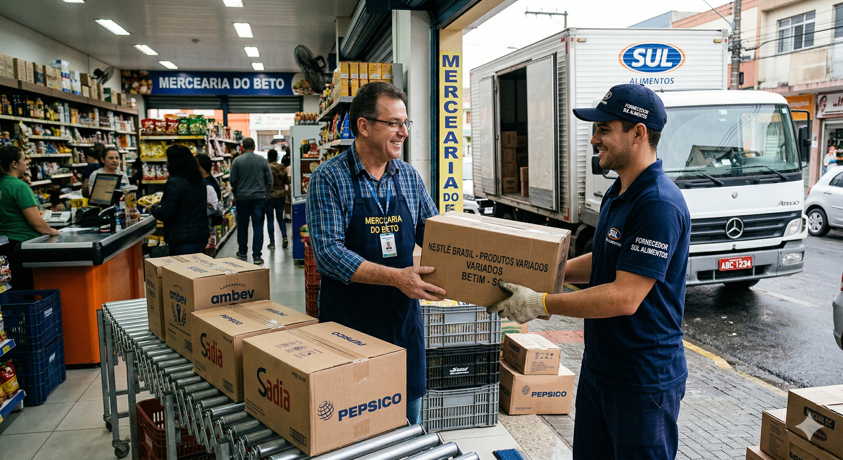 Uma fotografia realista capturada em uma mercearia brasileira ("Mercearia do Beto"). No lado direito, um entregador sorridente com uniforme azul e boné entrega uma caixa de papelão a um lojista de meia-idade, que usa óculos, uma camisa xadrez azul e um avental escuro. O lojista recebe a caixa com um sorriso. Ao fundo, um caminhão de entrega branco está estacionado na rua em frente à loja. No interior do estabelecimento, veem-se prateleiras abastecidas, outros clientes e uma esteira de roletes com várias caixas de marcas conhecidas aguardando para serem processadas. A cena transmite uma atmosfera de parceria comercial positiva e rotina de trabalho organizada.