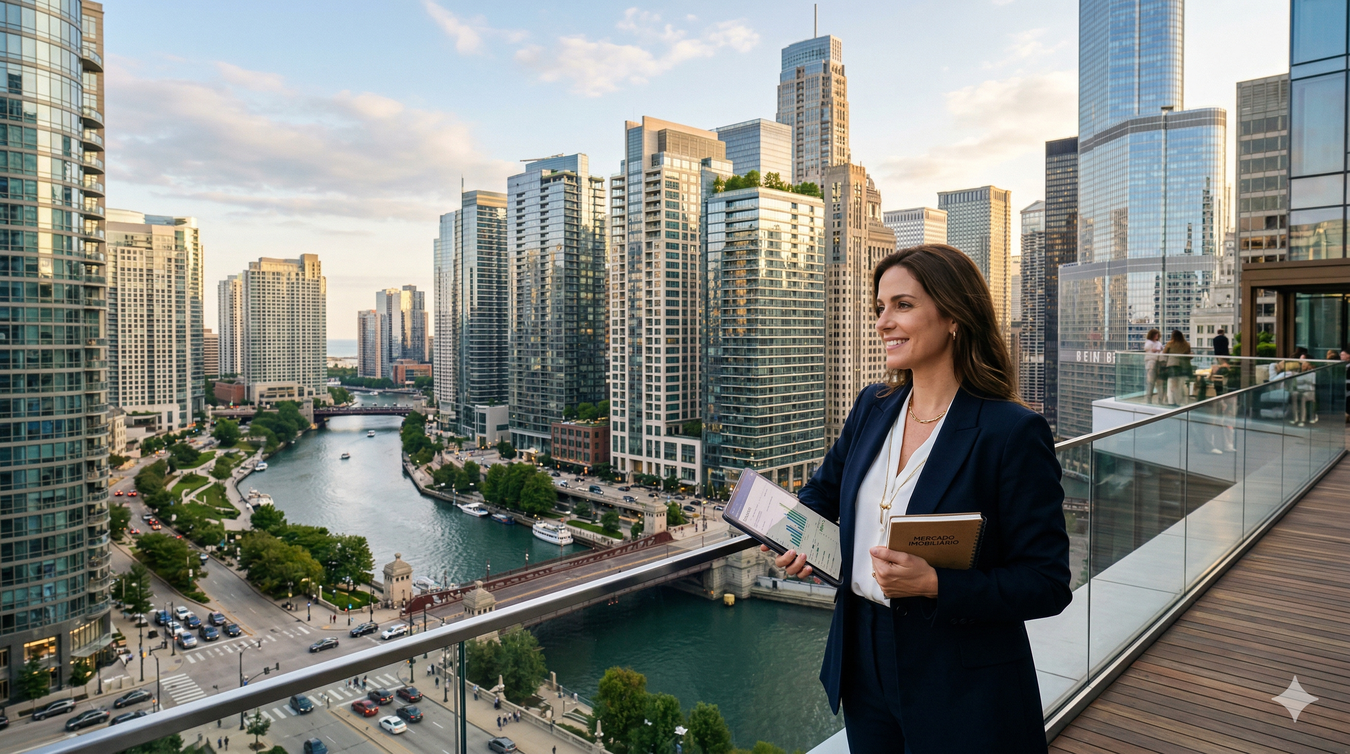 Uma mulher profissional vestindo um blazer azul marinho e blusa branca, segurando um tablet com gráficos e um caderno, em um terraço moderno de alto padrão. Ao fundo, uma vista panorâmica de uma metrópole com arranha-céus luxuosos de vidro, um rio cortando a cidade com barcos, e avenidas movimentadas sob a luz suave do entardecer. A imagem transmite sofisticação, sucesso e a dinâmica do mercado imobiliário corporativo.