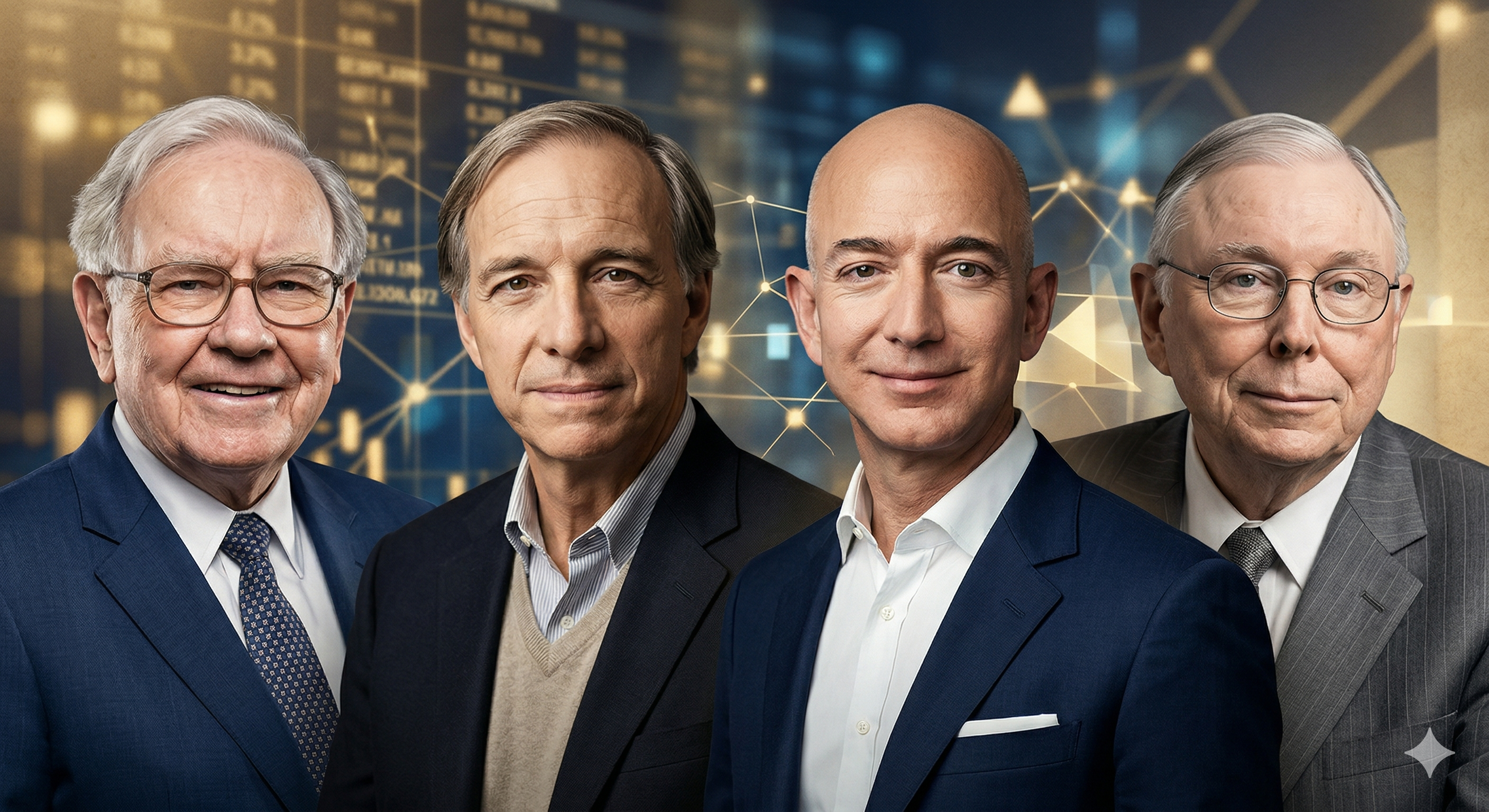 Montagem horizontal com os rostos de Warren Buffett, Ray Dalio, Jeff Bezos e Charlie Munger lado a lado. Eles estão vestidos com trajes formais e sorriem levemente. O fundo é composto por gráficos financeiros abstratos e pontos de conexão digitais em tons de azul e dourado, transmitindo uma atmosfera de mercado financeiro e tecnologia.