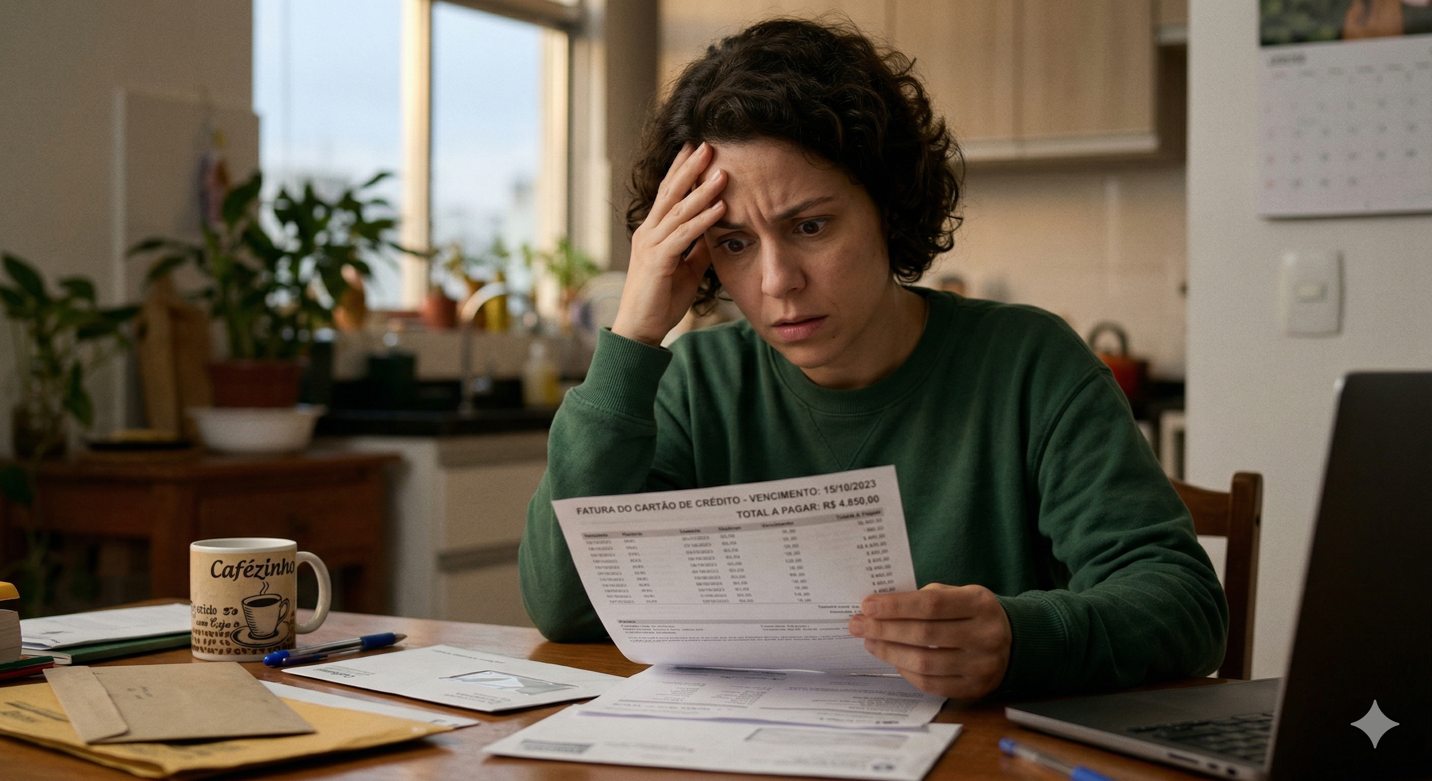 Uma mulher jovem, com cabelos cacheados e expressão de profunda preocupação, está sentada à mesa de uma cozinha ou escritório doméstico. Ela segura uma fatura de cartão de crédito em papel, com a mão na testa, demonstrando choque e estresse ao ler os valores. À sua frente, sobre a mesa de madeira, há outros envelopes abertos, um notebook e uma caneca de café. A iluminação é suave e realista, capturando um momento de ansiedade financeira cotidiana.