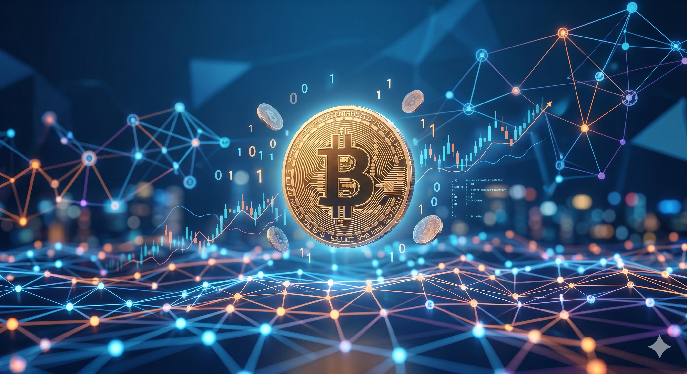 Uma moeda dourada de Bitcoin centralizada e flutuando sobre uma rede digital de conexões azuis e laranjas. Ao fundo, gráficos de velas (candlestick) em ascensão e números binários flutuando em um ambiente tecnológico futurista com luzes de uma cidade desfocada