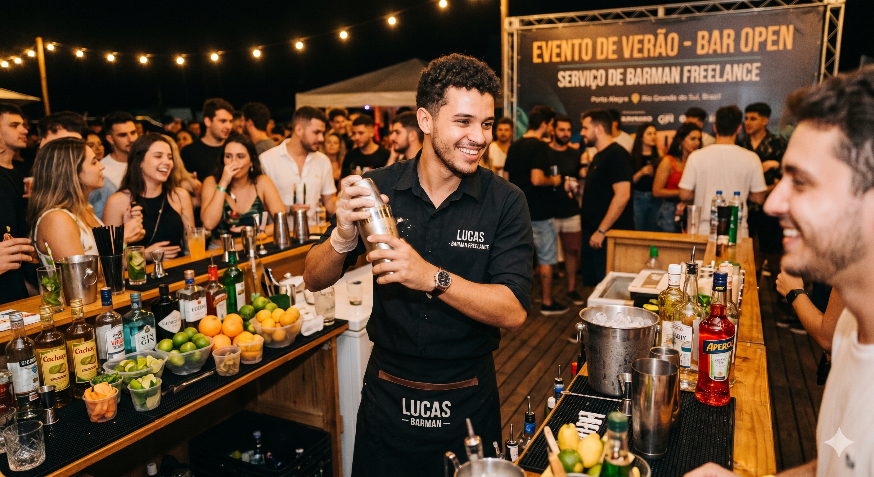 A foto captura um jovem barman sorridente, de pele parda e cabelos curtos e cacheados, trabalhando em um evento ao ar livre à noite. Ele veste uma camisa social preta com as mangas dobradas e um avental preto que traz o nome "LUCAS - BARMAN" bordado. Ele está no centro da ação, segurando uma coqueteleira de metal com as duas mãos, demonstrando habilidade e carisma.  Detalhes do Cenário:  Primeiro plano: O balcão de madeira está repleto de garrafas de bebidas (como gim e aperitivos), bowls com frutas frescas (limões e laranjas) e utensílios de coquetelaria.  Segundo plano: Uma multidão de jovens se diverte em um ambiente festivo e desfocado. Ao fundo, brilha um painel com os dizeres "EVENTO DE VERÃO - BAR OPEN" e a indicação de serviço de barman freelance.  Iluminação: O ambiente é decorado com cordões de luzes estilo "varal" (fairy lights), que criam uma atmosfera quente, acolhedora e vibrante de festa noturna.