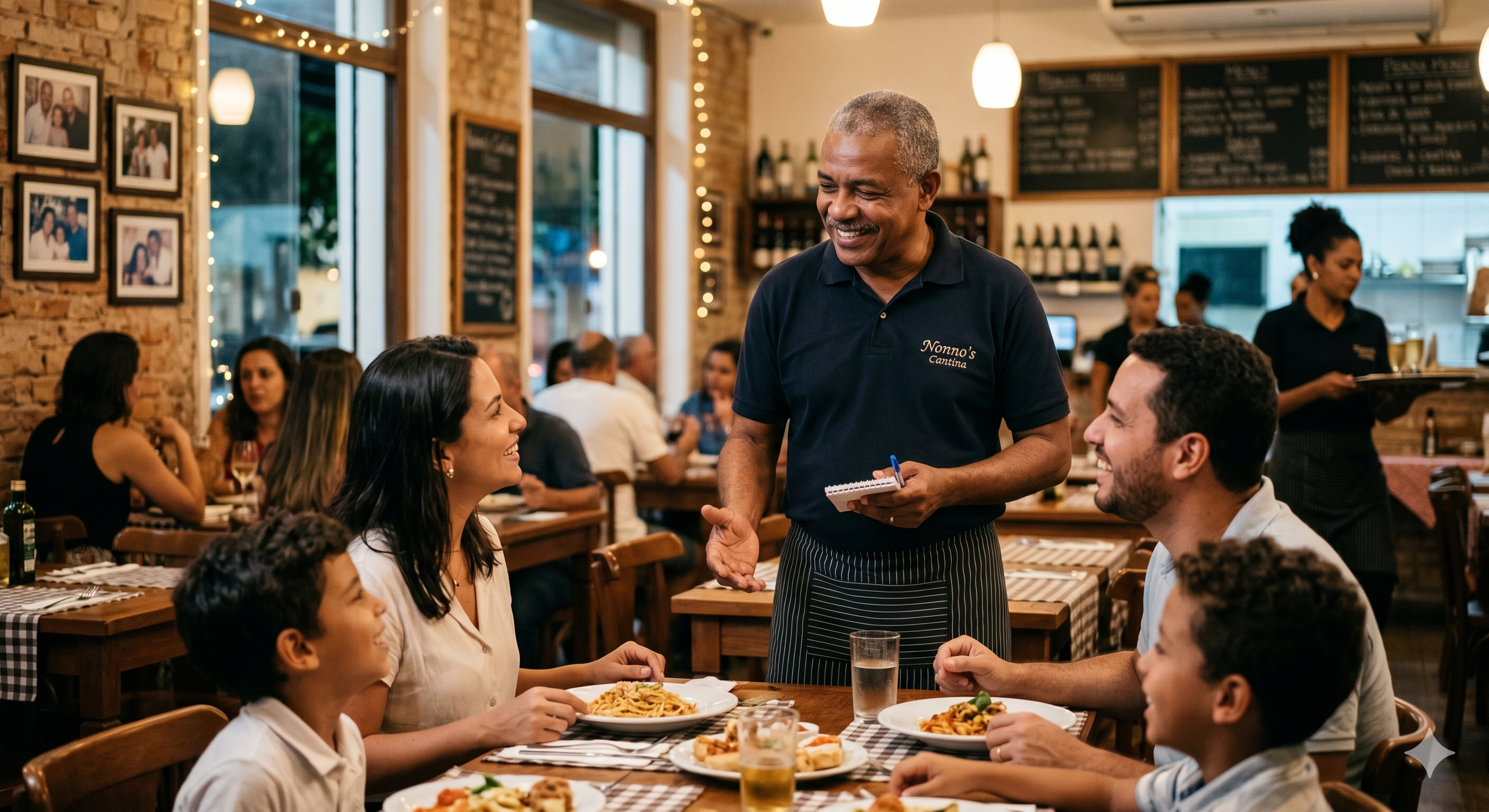 Uma fotografia de ângulo médio em um restaurante acolhedor e movimentado. No centro, um **dono de restaurante negro de meia-idade**, vestindo uma camisa polo azul-marinho com um logotipo discreto e um avental listrado, sorri calorosamente enquanto conversa com uma família sentada à mesa. Ele segura um pequeno bloco de notas e uma caneta.  A família — composta por um pai, uma mãe e dois filhos pequenos — olha para ele com expressões alegres. Sobre a mesa de madeira, há pratos de **massa italiana**, copos de água e cerveja. Ao fundo, o ambiente é iluminado por luzes suaves e cordões de lâmpadas decorativas, com paredes de tijolos aparentes adornadas com fotos emolduradas, criando uma atmosfera caseira e convidativa. Outros clientes e uma garçonete carregando uma bandeja podem ser vistos desfocados ao fundo.