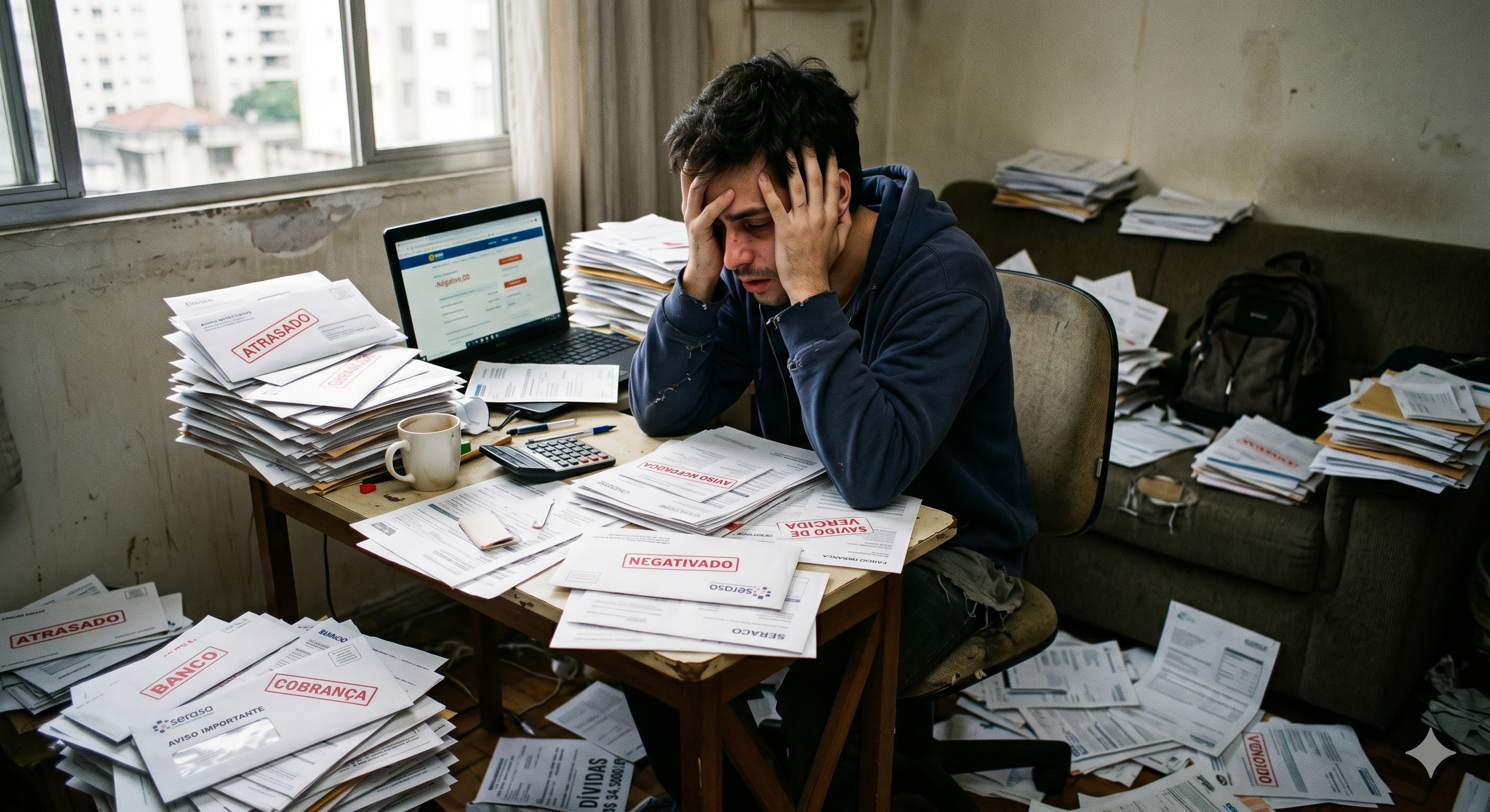 Uma fotografia realista e melancólica de um jovem sentado em uma mesa bagunçada, com a cabeça entre as mãos em um gesto de desespero e exaustão. À sua frente, há pilhas desorganizadas de boletos, cartas de cobrança com carimbos vermelhos de "ATRASADO" e "NEGATIVADO", além de um notebook aberto e uma calculadora. O ambiente é um apartamento simples, com papéis espalhados pelo chão e pelo sofá ao fundo, criando uma atmosfera de sufocamento financeiro e estresse mental.