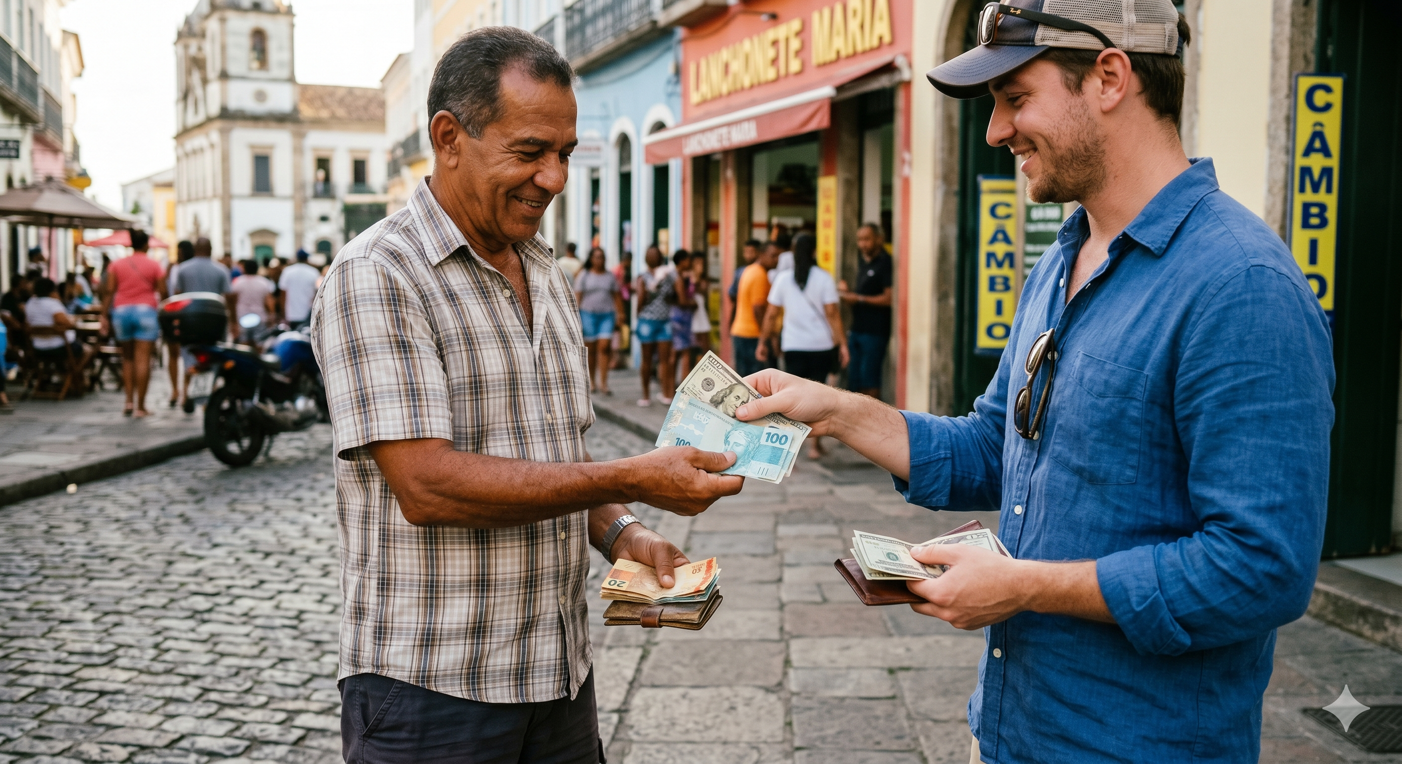 Uma fotografia em ângulo médio captura uma troca amigável de moeda entre dois homens em uma rua histórica e ensolarada no Brasil, possivelmente no Pelourinho, na Bahia.   À esquerda, um homem brasileiro mais velho, de pele parda, usando uma camisa xadrez de mangas curtas, sorri enquanto segura um maço de **cédulas de Real (BRL)** azuis e laranjas. À direita, um homem mais jovem, aparentando ser um turista, veste uma camisa azul de botões e um boné, entregando **notas de Dólar americano (USD)**.   O foco está no momento em que as mãos se encontram, exibindo claramente a distinção entre as cores das notas. Ao fundo, a cena é composta por paralelepípedos, prédios coloniais coloridos e uma placa amarela onde se lê **"CÂMBIO"**.