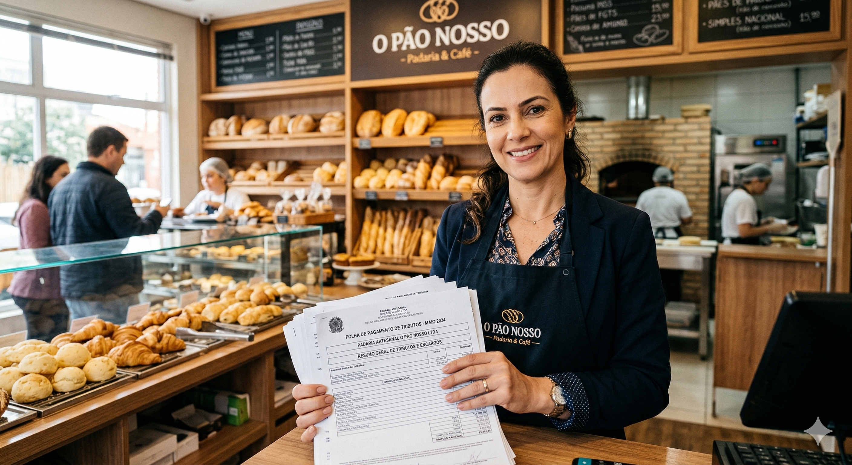 Uma mulher sorridente, na faixa dos 40 anos, com cabelos escuros e presos, vestindo um avental azul marinho sobre uma camisa social, posicionada atrás do balcão de uma padaria moderna e bem iluminada. Ela segura em primeiro plano um maço de documentos intitulado "Folha de Pagamento de Tributos". Ao fundo, as prateleiras de madeira estão repletas de pães artesanais, e há o movimento de clientes e funcionários na área de atendimento. O ambiente transmite uma atmosfera de gestão profissional e sucesso no setor de panificação.