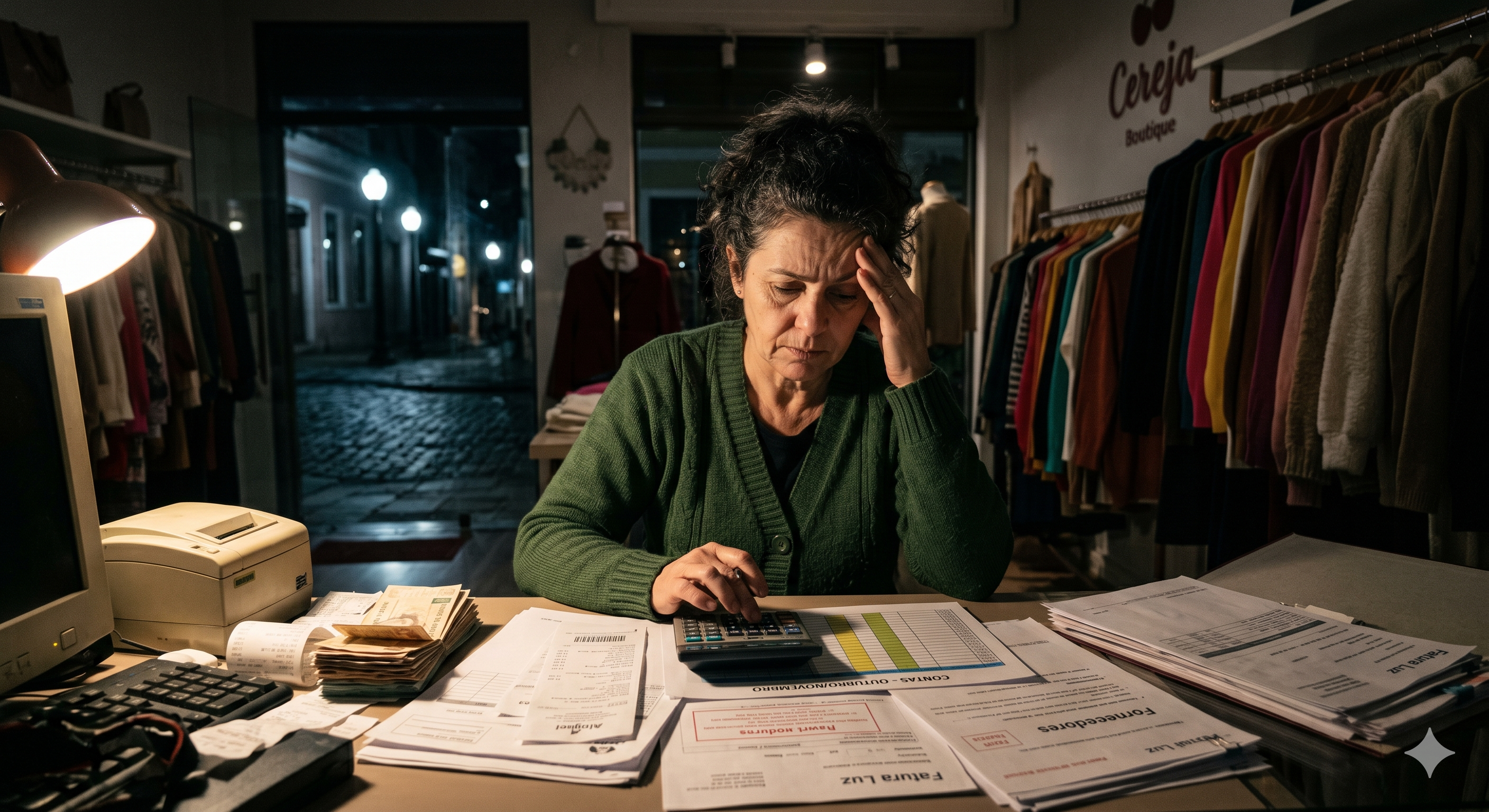 A imagem retrata uma mulher de meia-idade, com expressão de profunda preocupação e cansaço, sentada à mesa de escritório dentro de sua pequena loja de roupas à noite.  Detalhes da Cena: Foco Principal: A lojista está com uma das mãos na testa e a outra sobre uma calculadora, olhando fixamente para planilhas e pilhas de contas espalhadas à sua frente.  Ambiente: O interior da loja está na penumbra, com araras de roupas visíveis ao fundo. A iluminação foca intensamente na mesa, vinda de uma luminária de escritório, criando um contraste dramático.  Elementos Financeiros: Sobre a mesa, há boletos com termos como "Fatura Luz", "Fornecedores" e "Aluguel", além de maços de dinheiro (notas de Real) que parecem insuficientes para cobrir o volume de papéis.  Atmosfera: Através da porta de vidro, vê-se uma rua deserta e escura, reforçando a sensação de isolamento e o peso da responsabilidade de gerir um negócio em tempos difíceis.