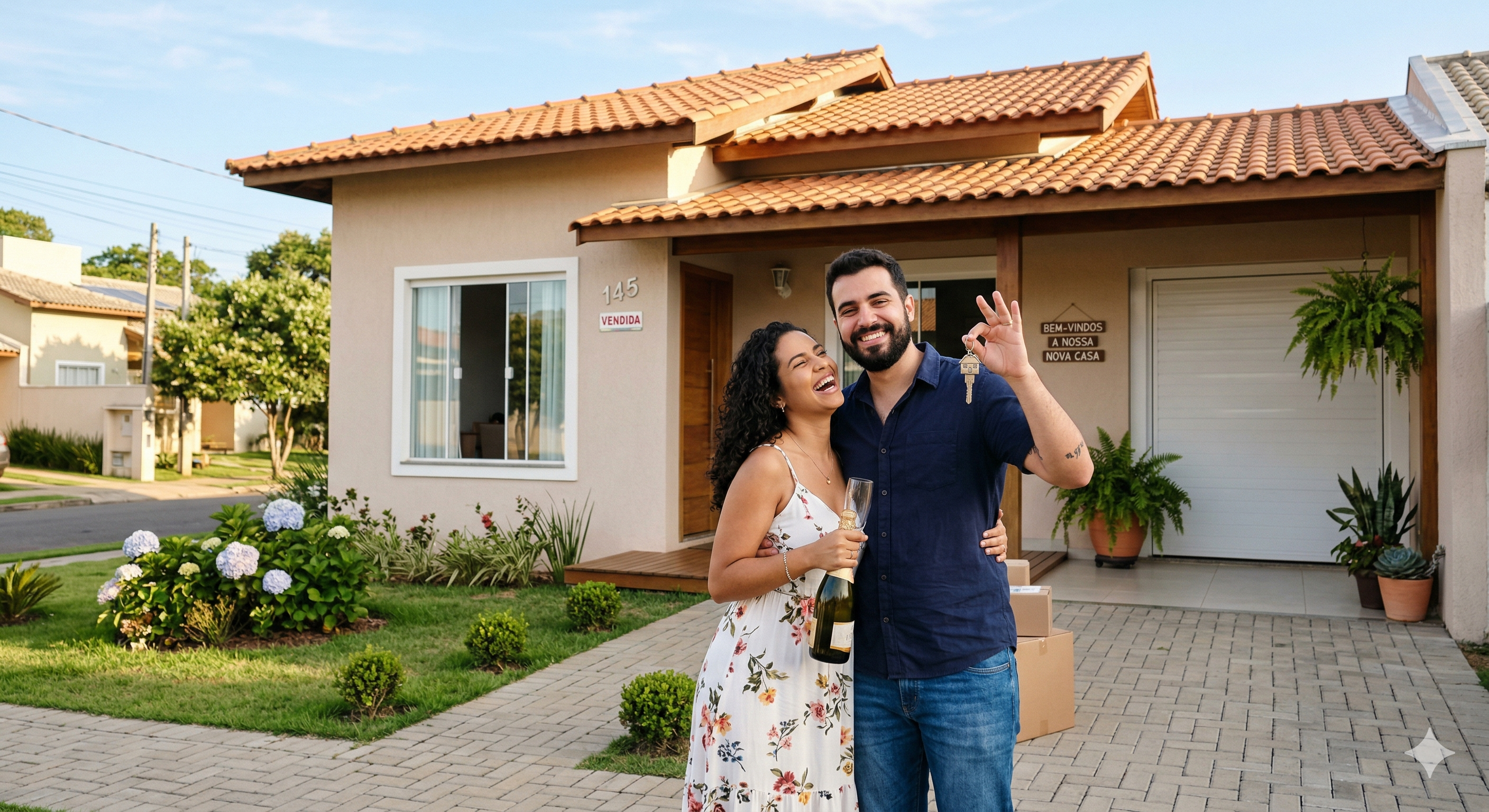 Fotografia em plano médio de um casal jovem e sorridente em frente a uma casa térrea moderna e recém-adquirida. O homem, de barba e camisa azul, segura as chaves da casa com entusiasmo, enquanto a mulher, com um vestido floral, segura uma garrafa de champanhe e ri alegremente. Ao fundo, a casa tem paredes claras, telhado de barro, um jardim frontal bem cuidado e uma placa com os dizeres 'Bem-vindos à nossa nova casa'. Há caixas de mudança empilhadas próximas à entrada, indicando o momento da chegada.