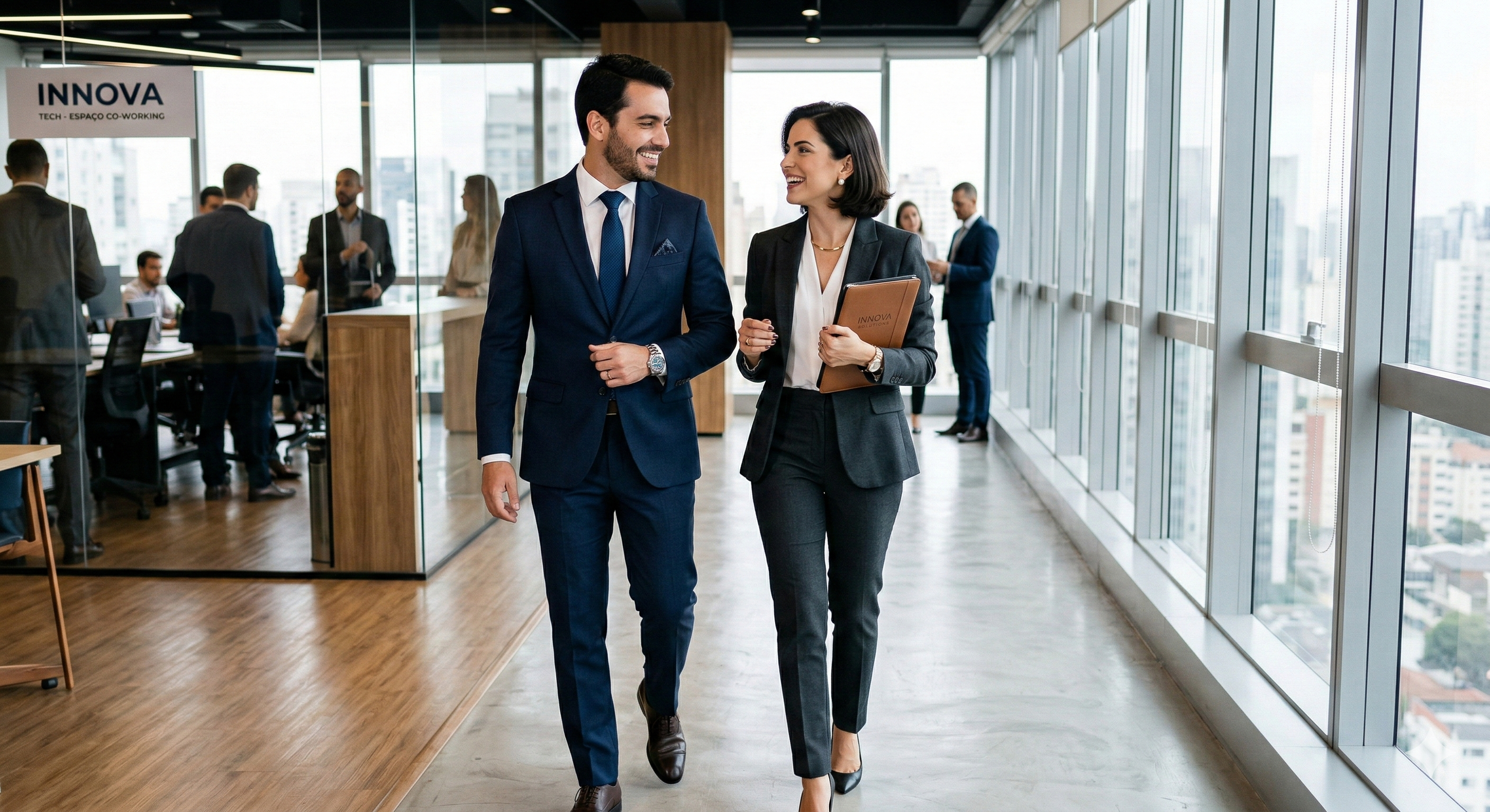 casal de empresários em corredor de empresa