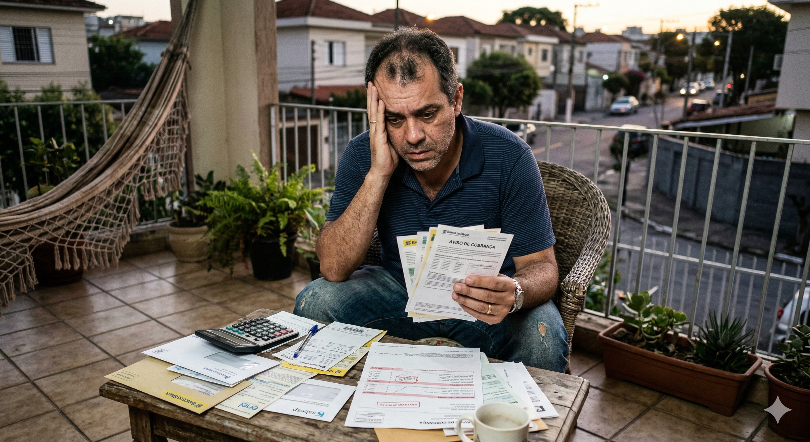 Um homem de aproximadamente 40 anos, com fisionomia exausta e olhar de profunda preocupação, sentado em uma cadeira de vime na varanda de uma casa. Ele apoia a cabeça em uma das mãos em sinal de desespero enquanto segura um maço de boletos, com um deles exibindo a frase "Aviso de Cobrança". Sobre a mesa de madeira à sua frente, há uma calculadora, uma caneta, uma xícara de café e várias outras contas espalhadas de forma caótica. Ao fundo, vê-se uma rua de bairro residencial ao entardecer, uma rede de descanso e vasos de plantas, contrastando o ambiente doméstico com a tensão financeira do personagem.